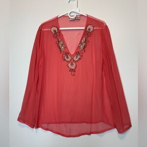 Newport News Red Sheer Blouse with Embroidery